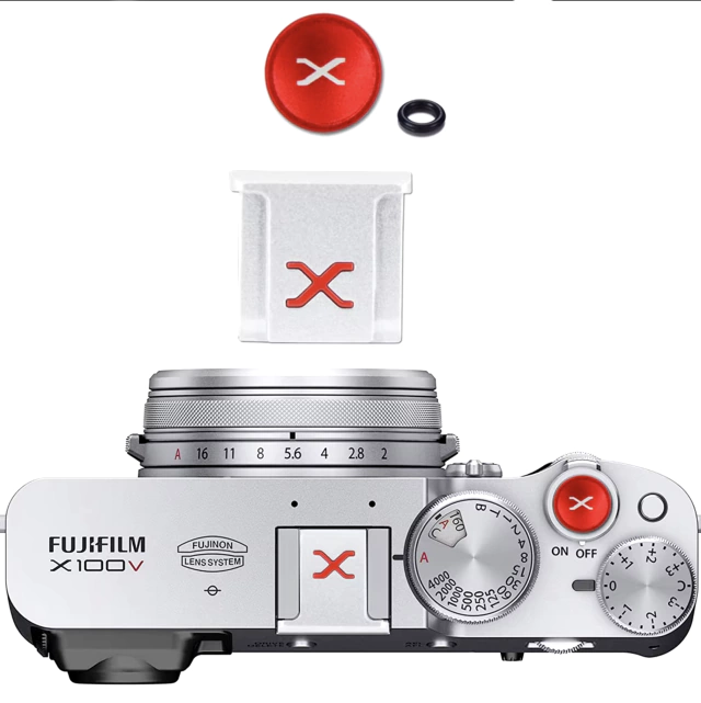 Hot Shoe Cover + Shutter Button para FujiFilm X Series (Metal Prata / Vermelho)