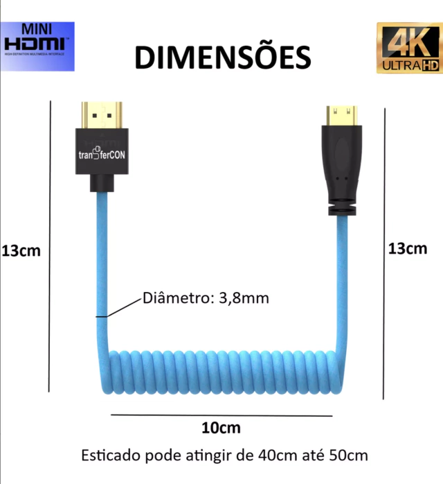 Cabo HDMI x MINI HDMI Espiral Nylon TranferCon FL-202 (4k / 18 Gbps / 10cm até 40cm esticado) na internet