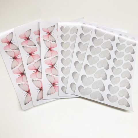Adesivos Borboletas Aquarela Rosa com Cinza e Corações Cinza