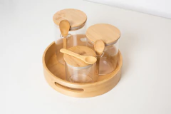 SET x3 FRASCOS "CAPRI" DE VIDRIO CON CUCHARA + BANDEJA REDONDA DE BAMBOO - comprar online