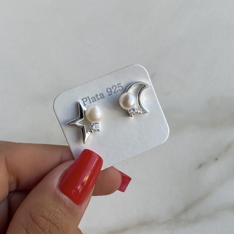 aros pasante luna y estrella con perlas y cubics (cod ar610)