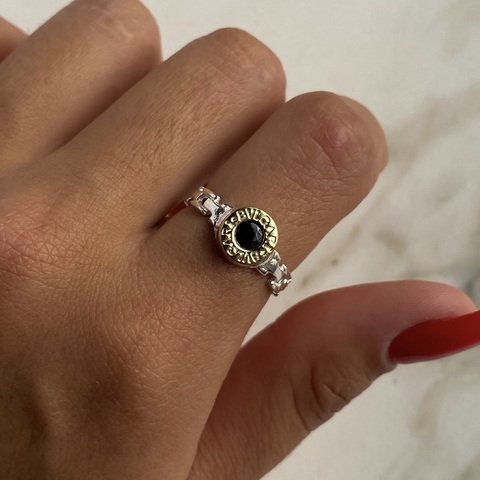 anillo bulgari con cubic negro de plata y oro (cod an434)