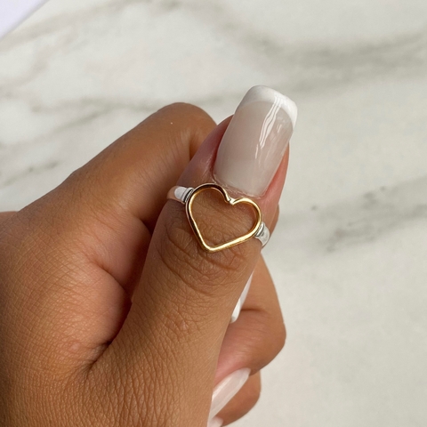 anillo corazon calado plata y oro (cod an389)