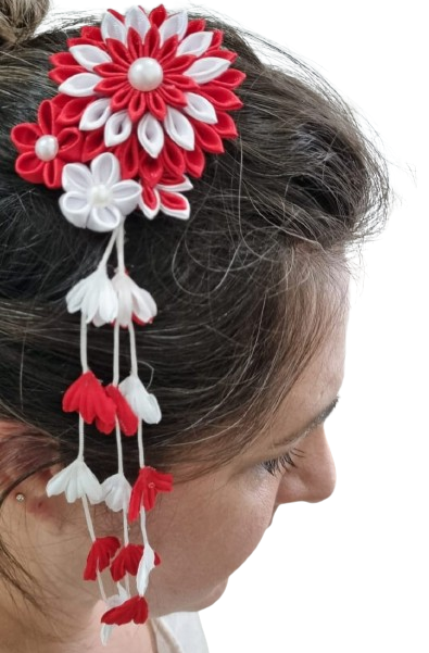 Kanzashi Dália Vermelho com Branco
