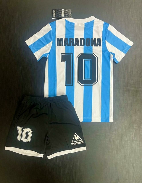 Kit Niño Camiseta + Short Lecoq Sportif Retro Argentina Titular Maradona 10 1986 - comprar online