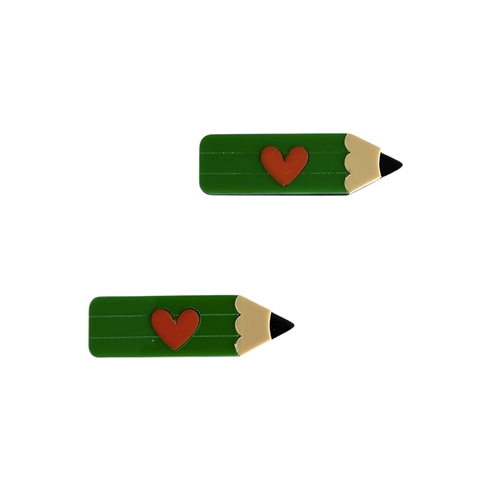 Aplique Hair Clips Lápis Verde Coração Laranja Acrílico - 2 unidades
