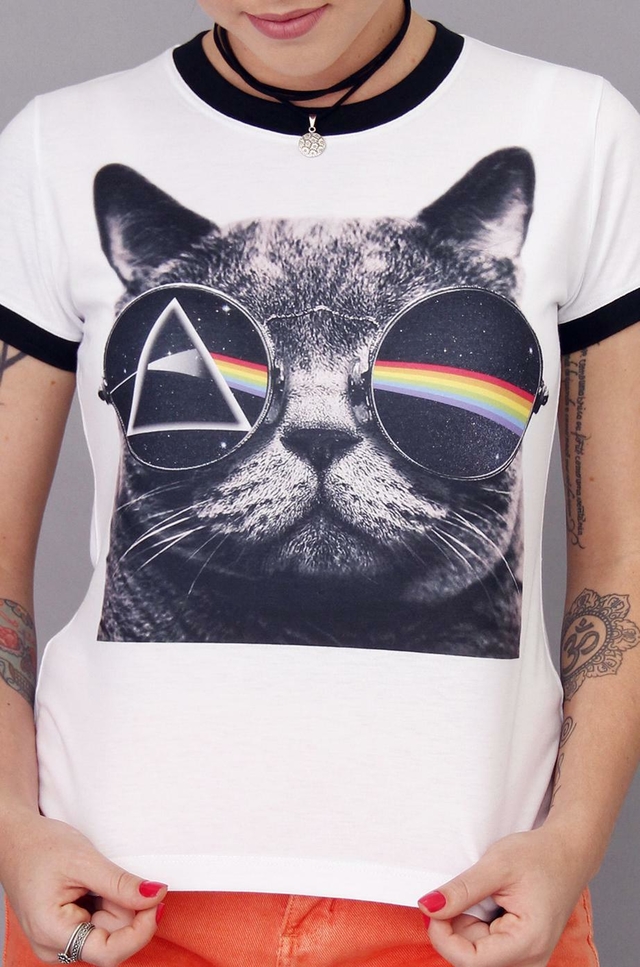 camiseta feminina ringer gato arco iris camiseta feminina ringer gato arco iris