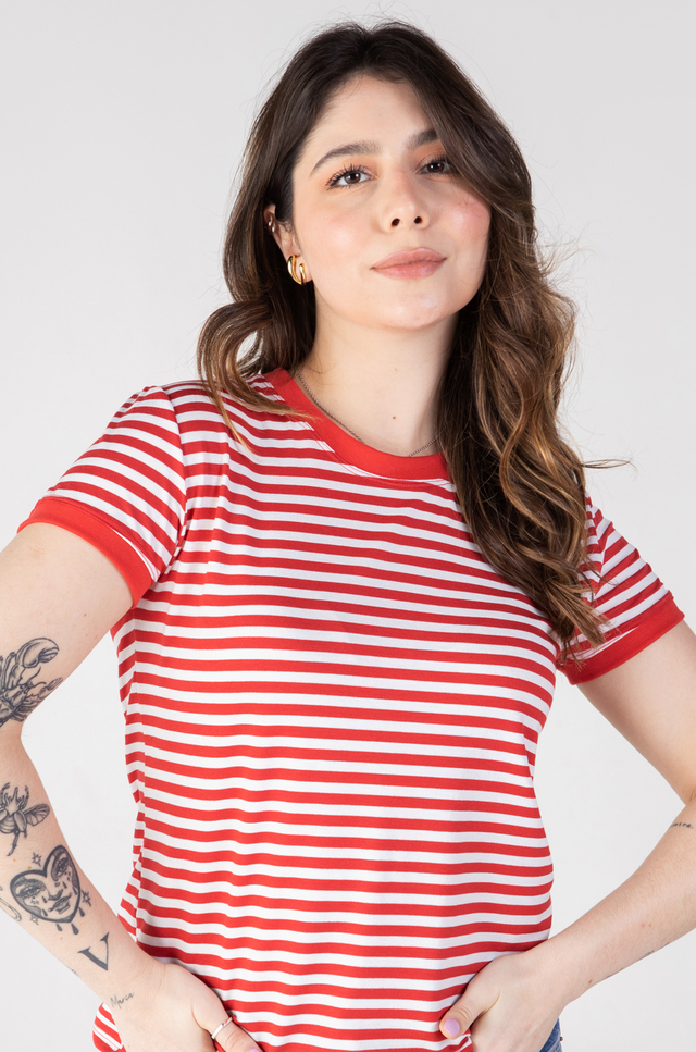 camiseta feminina ringer listrada vermelha camiseta feminina ringer listrada vermelha