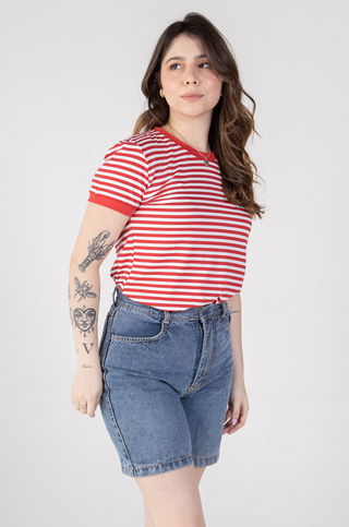 camiseta feminina ringer listrada vermelha