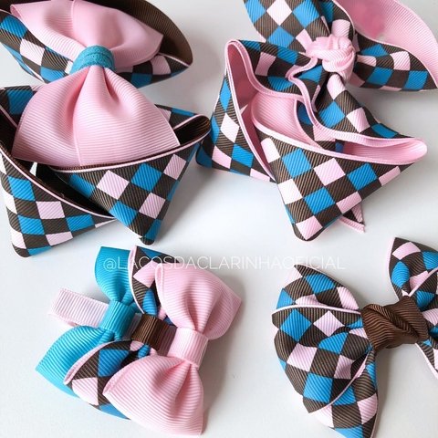 Laço Xadrez Turqueza/Rosa