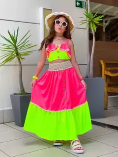 Conjunto Rosa Neon e Amarelo Neon com Renda Cru Longo - comprar online