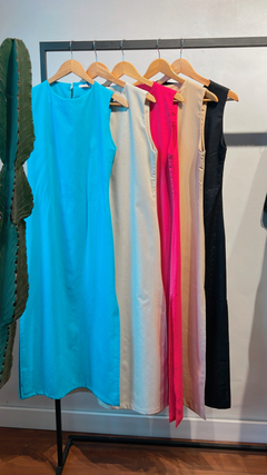 Vestido Abertura Lateral Linho - Azul Turquesa na internet