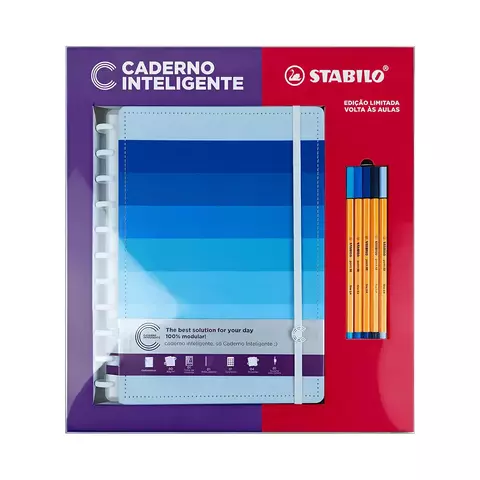 Caderno Inteligente 80 Folhas Grande Shades Of Blue + Canetas Stabilo Cikb0001