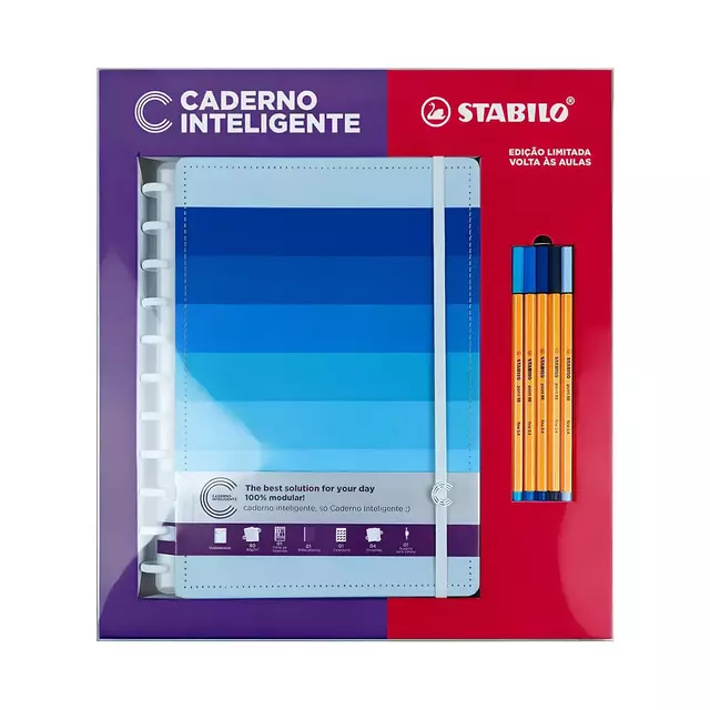 Caderno Inteligente 80 Folhas Grande Shades Of Blue + Canetas Stabilo Cikb0001