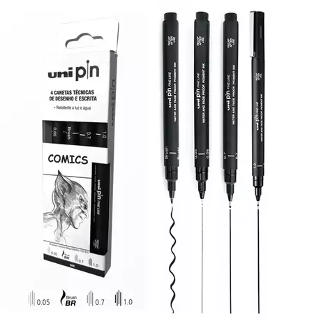 Uni Pin Comics 4 Canetas Técnicas 0.05, 0.7, 1.0 e Brush 5.8255 Uni-Ball