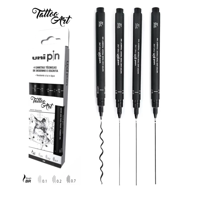 Uni Pin Tattoo Art 4 Canetas Técnicas 0.1, 0.2, 0.7 E Brush 5.8254 Uni-Ball