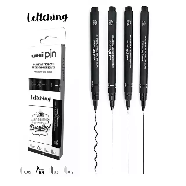 Uni Pin Lettering 4 Canetas Técnicas 0.05 , 0.8 , 2.0 e Brush 5.8253 Uni-Ball 