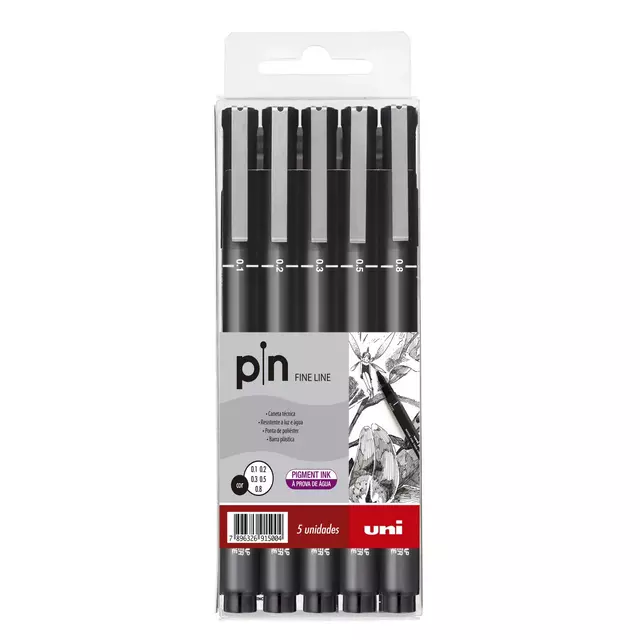 Estojo Com 5 Canetas Profissional Pin Fine Line Cor Preta Uni-Ball 5004