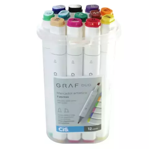 Marcador Artístico Graf Duo 2 Pontas Estojo Com 12 Cores Cis 6344