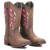 Bota Texana feminina com bico quadrado, detalhes em rosa e costuras decorativas.