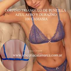 VICTORIA COSSY CORPIÑO TRIANGULO DE PUNTILLA AZUL AERO Y DURAZNO 100 CAMASIA