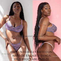 VICTORIA COSSY CONJUNTO BALCONETE CON ARCO DE PUNTILLA Y TANGA HILO REGULABLE LAVANDA Y ROSADO 102 GRET Y 21 GRET