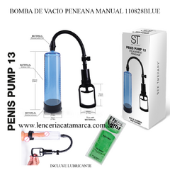 Bomba de vacío peneana manual 110828BLUE con manguera flexible y detalles sobre sus materiales. Incluye lubricante.