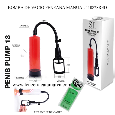 Bomba de vacío peneana manual 110828RED, con materiales médicos y diseño ergonómico, incluye lubricante.
