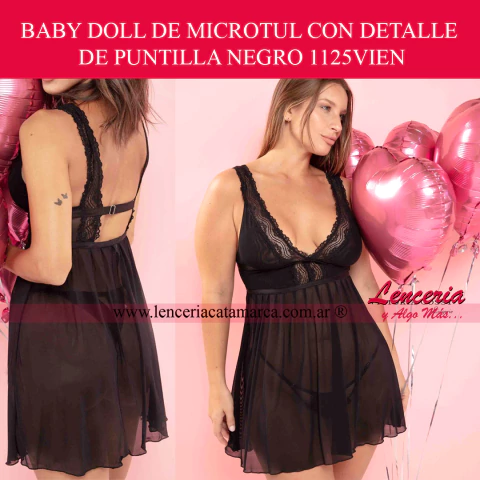 Comprar baby doll negro de microtul y puntilla sin aro. Camisón sexy corto con transparencias y encaje. Lencería online en Argentina.