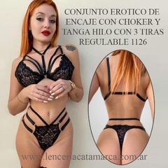 LUI CONJUNTO EROTICO DE ENCAJE CON CHOKER Y TANGA HILO CON 3 TIRAS REGULABLE NEGRO 1126N