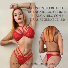 LUI CONJUNTO EROTICO DE ENCAJE CON CHOKER Y TANGA HILO CON 3 TIRAS REGULABLE ROJO 1126R
