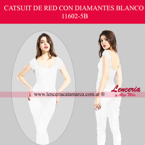Comprar catsuit de red blanco mangas cortas con brillos y abertura. Body entero erótico para mujer. Lencería online en Argentina.