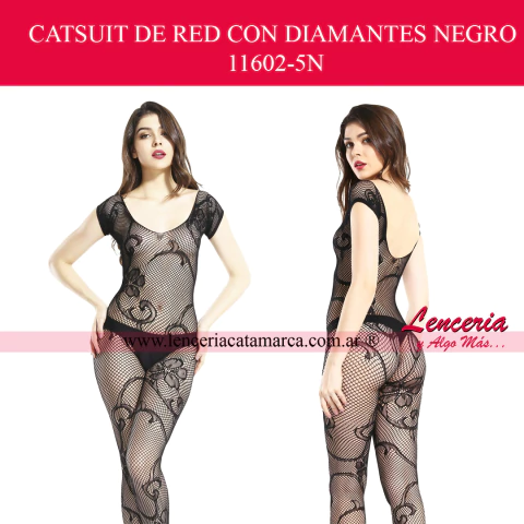 Comprar catsuit de red negro mangas cortas con brillos y abertura. Body entero erótico para mujer con strass. Lencería online en Argentina.