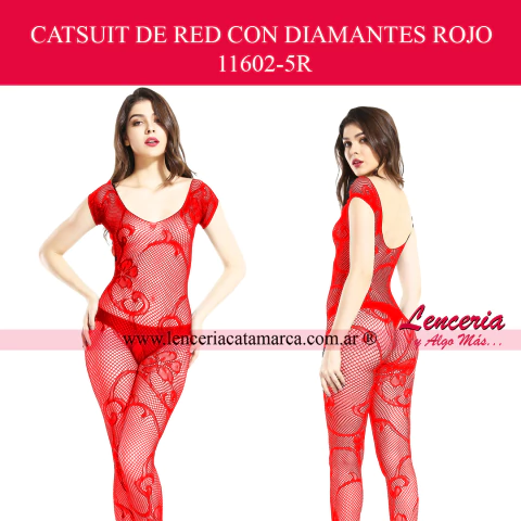 Comprar catsuit de red rojo mangas cortas con brillos y abertura. Body entero erótico para mujer con strass. Lencería online en Argentina.