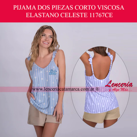 Comprar pijama corto de viscosa y elastano estampado celeste con tirantes de volantes. Pijama de verano cómodo y fresco. Lencería online en Argentina.