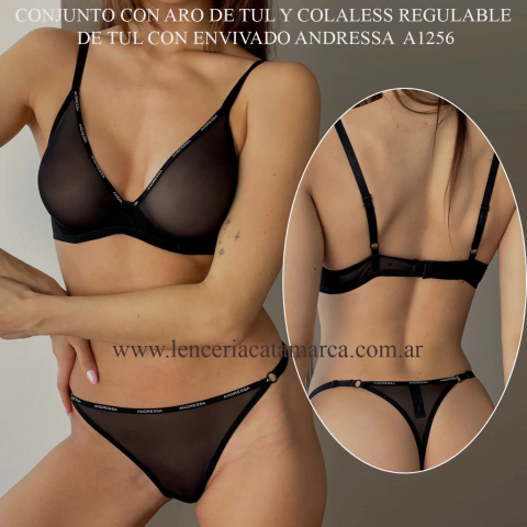 ANDRESSA CONJUNTO CON ARO DE TUL Y COLALESS REGULABLE DE TUL CON ENVIVADO ANDRESSA NEGRO A 1256N