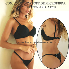 ANDRESSA CONJUNTO TAZA SOFT DE MICROFIBRA Y TUL CON ARO Y COLALESS REGULABLE NEGRO A 1258N