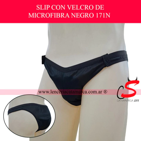 Slip masculino de microfibra color negro liso con apertura lateral de velcro, a la venta en Lencería Catamarca. Ropa interior cómoda y erótica para hombre.