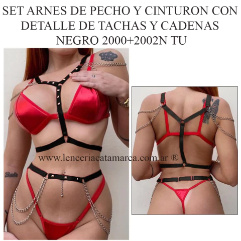 Set arnés de pecho y cinturón negro 2000+2002N con tachas y cadenas. Lencería sexy, accesorio erótico. Lencería Catamarca.
