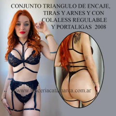 LUI CONJUNTO TRIANGULO DE ENCAJE, TIRAS Y ARNES Y CON COLALESS REGULABLE Y PORTALIGAS NEGRO 2008N