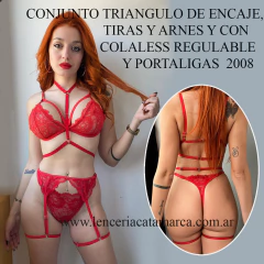 LUI CONJUNTO TRIANGULO DE ENCAJE, TIRAS Y ARNES Y CON COLALESS REGULABLE Y PORTALIGAS ROJO 2008R
