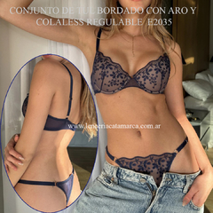 ANDRESSA CONJUNTO DE TUL BORDADO CON ARO Y COLALESS REGULABLE AZUL E 2035AZ