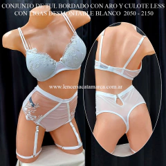 ANDRESSA CONJUNTO DE TUL BORDADO CON ARO Y CULOTE LESS CON PORTALIGAS DESMONTABLE BLANCO E 2050 E 2150B