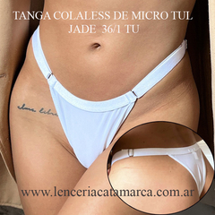 Tanga colaless de micro tul en color jade blanco, mostrando detalles del diseño.