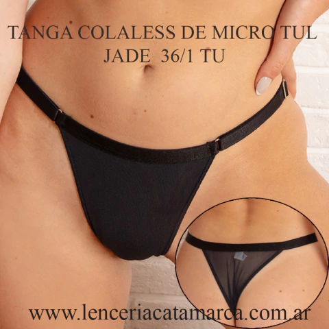Tanga colaless de micro tul en color negro, modelo Jade, mostrando su diseño y ajuste en la cadera.