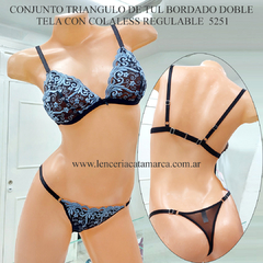 LODY CONJUNTO TRIANGULO DE TUL BORDADO DOBLE TELA CON COLALESS REGULABLE NEGRO CELESTE 5251NCE