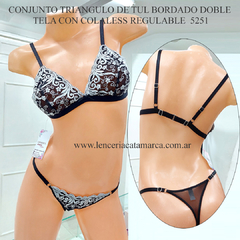 LODY CONJUNTO TRIANGULO DE TUL BORDADO DOBLE TELA CON COLALESS REGULABLE NEGRO PLATA 5251NPL