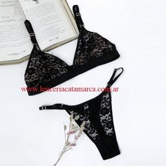 ANDRESSA CONJUNTO TRIANGULO BRALET CON BASE DE ENCAJE Y MICROFIBRA CON COLALESS REGULABLE NEGRO L 5720N