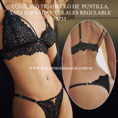 ANDRESSA CONJUNTO TRIANGULO DE PUNTILLA Y TAZA FORRRADA CON COLALESS REGULABLE NEGRO A 5733N