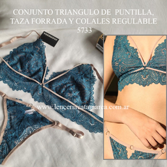 ANDRESSA CONJUNTO TRIANGULO DE PUNTILLA Y TAZA FORRRADA CON COLALESS REGULABLE OCEANO A 5733OC